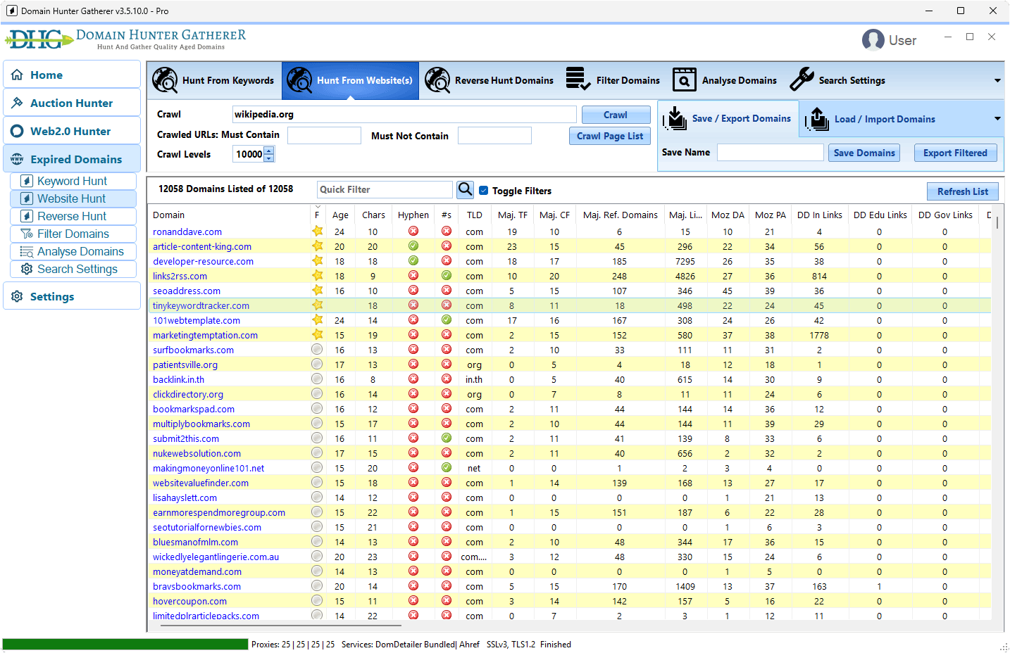 Domain Hunter Gatherer dashboard interface